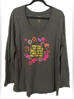 Natural Life Raglan Sleeve T-Shirt Green Floral Quote Size XL